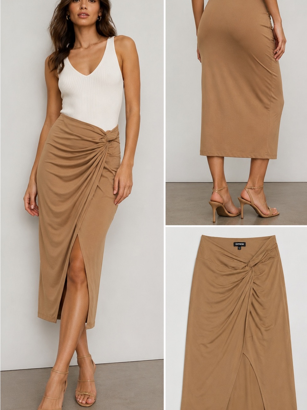 Express Camel Twist-Front Midi Skirt